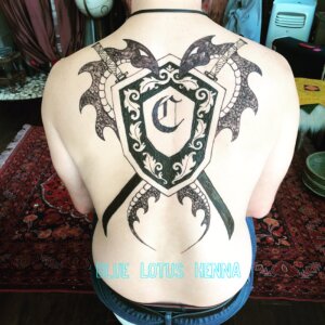 Jagua tattoo male back piece dragons shield katana