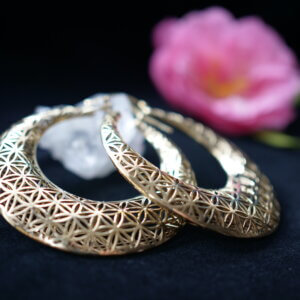 Brass hoop earrings with the flower of life pattern