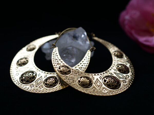 Tribal brass moon earrings with seed of life pattern