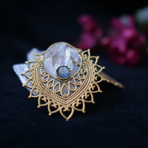 labradorite and brass earrings in petal shape with mehndi style designs