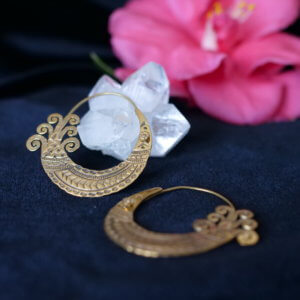 Medium size brass tribal patterned hoop earrings from Rajasthan, India